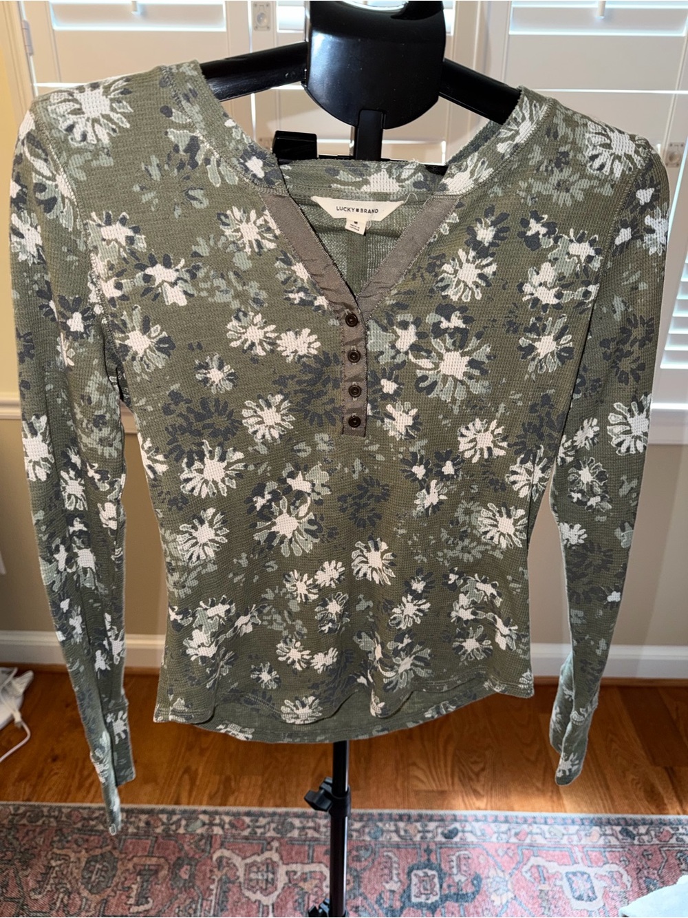 Lucky Brand Olive Floral Henley Long Sleeve Top